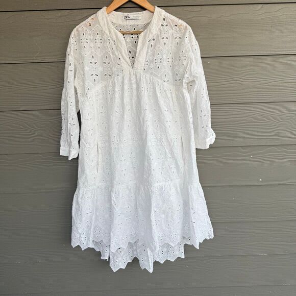 Zara open work embroidered eyelet white dress - Picture 2 of 7